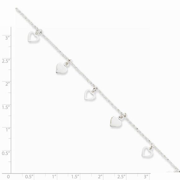 Sterling Silver Dangling Hearts Anklet, 10 Inch